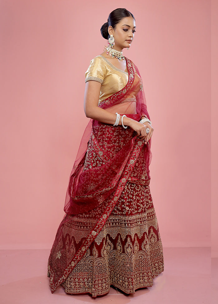 3 Pc Maroon Semi Stitched Silk Lehenga Set - Indian Silk House Agencies