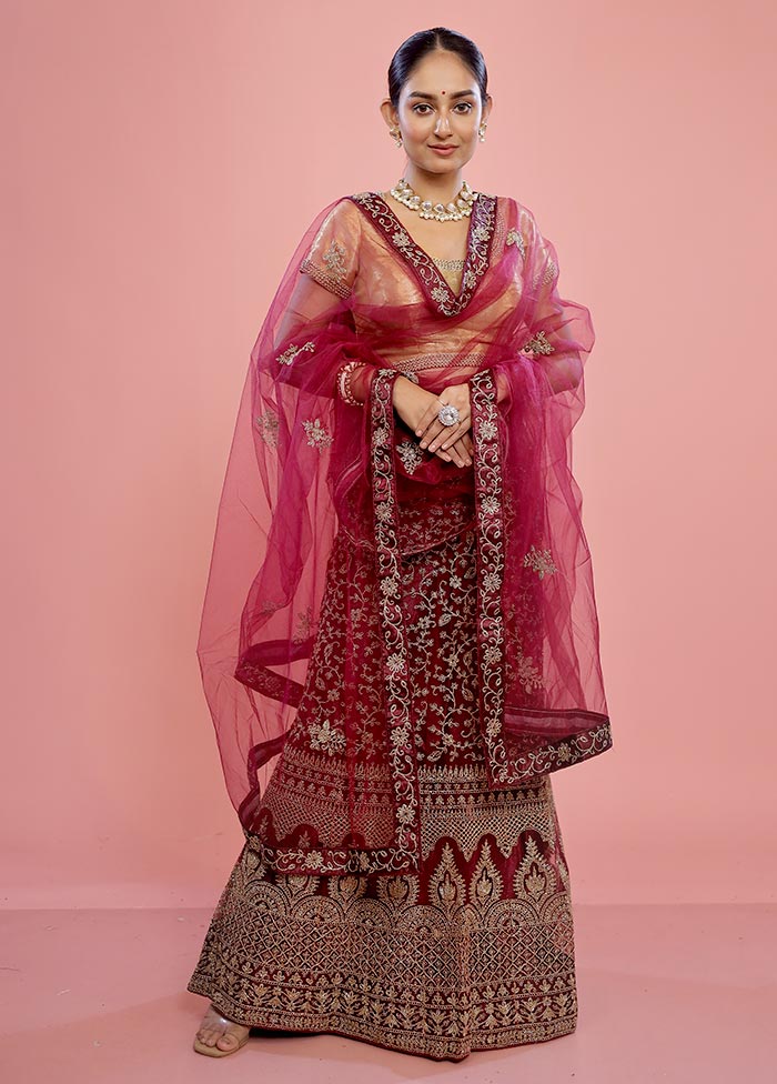 3 Pc Maroon Semi Stitched Silk Lehenga Set - Indian Silk House Agencies