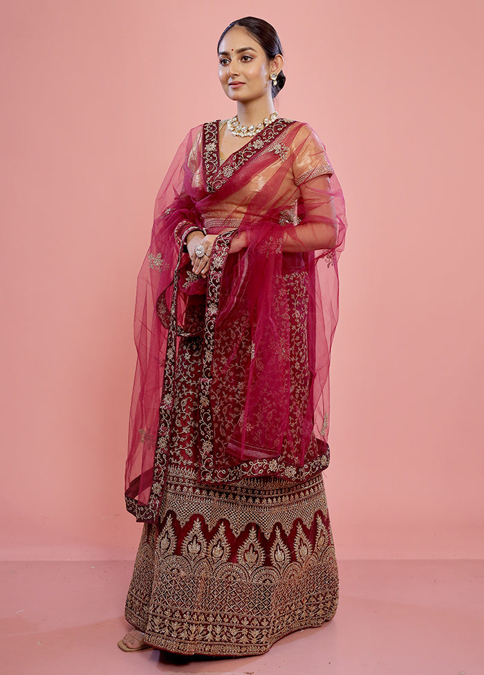 3 Pc Maroon Semi Stitched Silk Lehenga Set - Indian Silk House Agencies