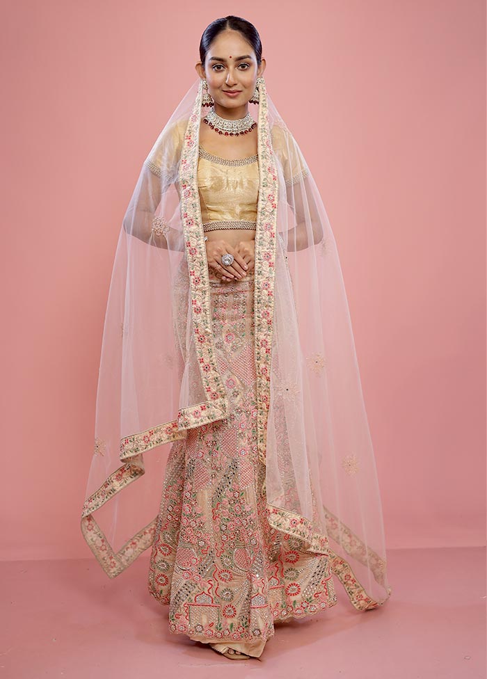 3 Pc Cream Semi Stitched Silk Lehenga Set - Indian Silk House Agencies