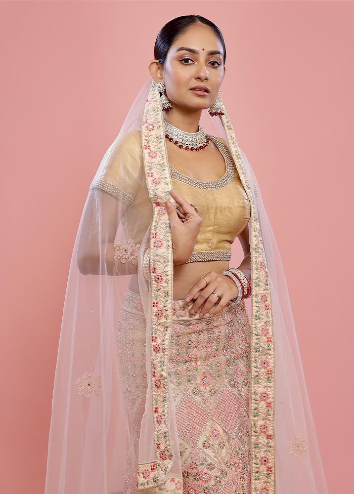 3 Pc Cream Semi Stitched Silk Lehenga Set - Indian Silk House Agencies