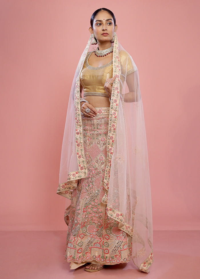 3 Pc Cream Semi Stitched Silk Lehenga Set - Indian Silk House Agencies