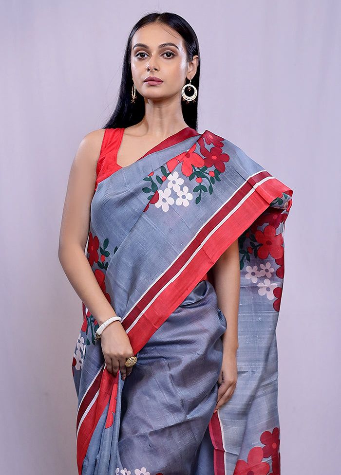 Grey Printed Pure Silk Saree With Blouse Piece - Indian Silk House Agencies