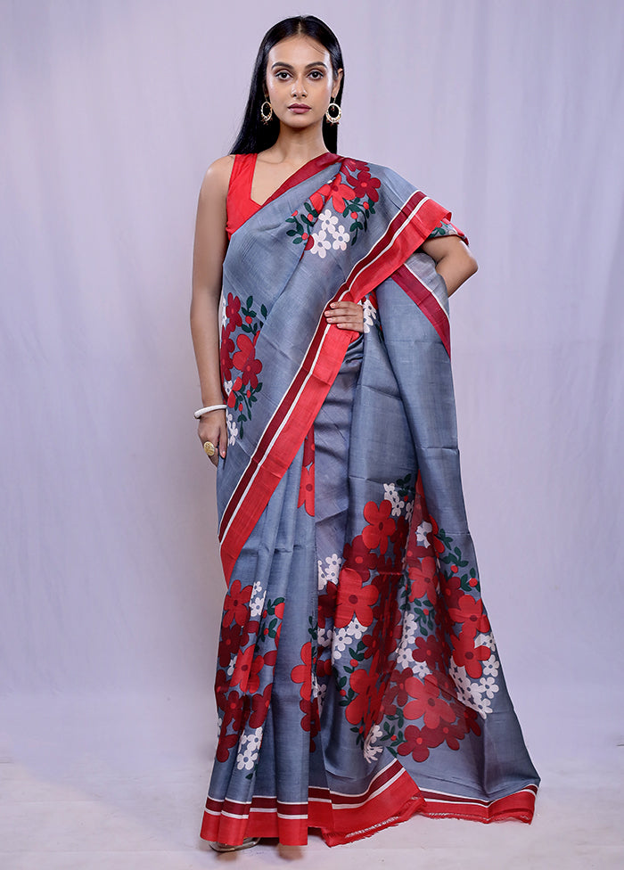 Grey Printed Pure Silk Saree With Blouse Piece - Indian Silk House Agencies