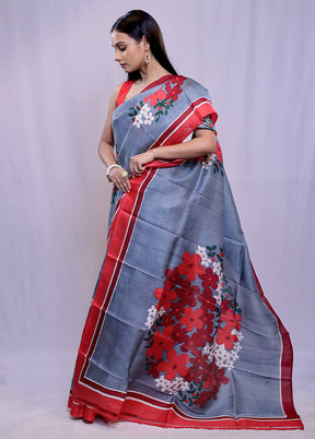 Grey Printed Pure Silk Saree With Blouse Piece - Indian Silk House Agencies