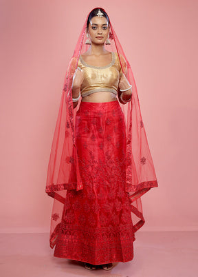 3 Pc Red Semi Stitched Silk Lehenga Set - Indian Silk House Agencies