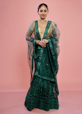 3 Pc Green Semi Stitched Silk Lehenga Set - Indian Silk House Agencies