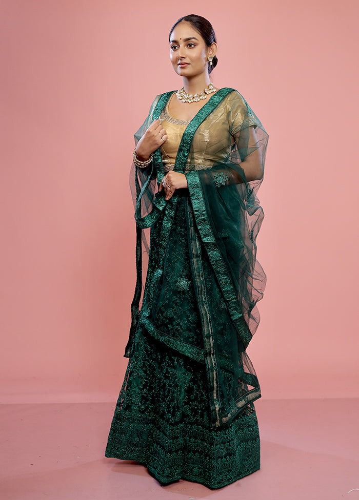 3 Pc Green Semi Stitched Silk Lehenga Set - Indian Silk House Agencies