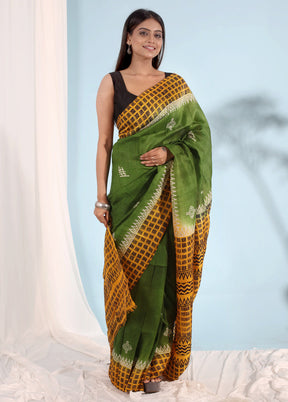 Green Printed Pure Silk Saree With Blouse Piece - Indian Silk House Agencies