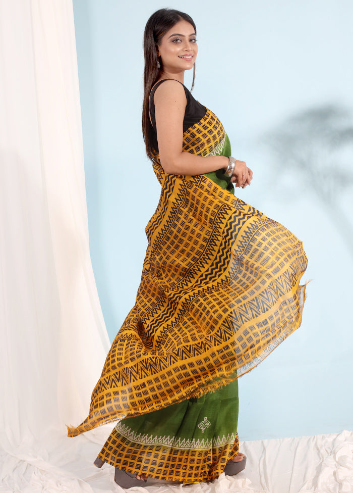 Green Printed Pure Silk Saree With Blouse Piece - Indian Silk House Agencies