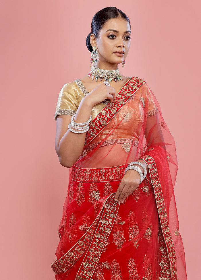 3 Pc Red Semi Stitched Silk Lehenga Set - Indian Silk House Agencies