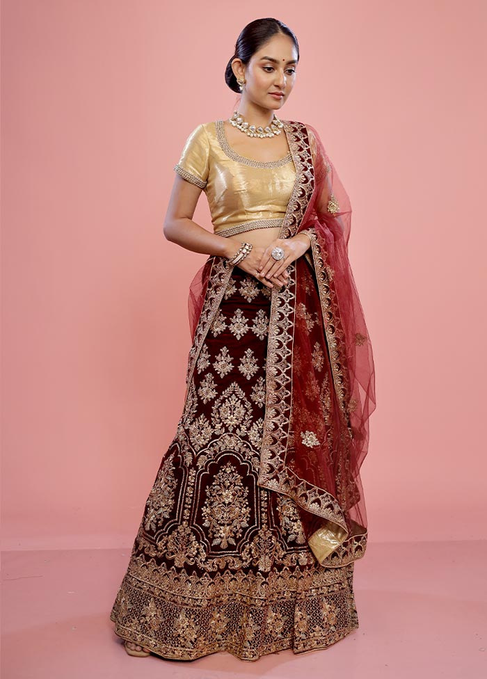 3 Pc Maroon Semi Stitched Velvet Lehenga Set - Indian Silk House Agencies