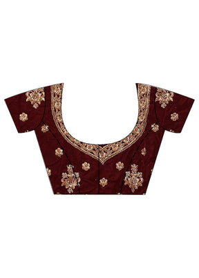 3 Pc Maroon Semi Stitched Velvet Lehenga Set - Indian Silk House Agencies