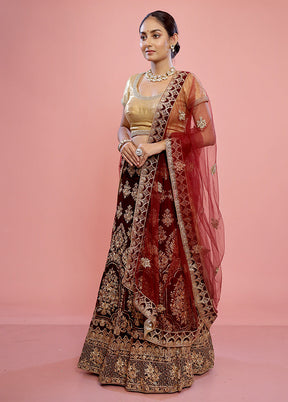 3 Pc Maroon Semi Stitched Velvet Lehenga Set - Indian Silk House Agencies