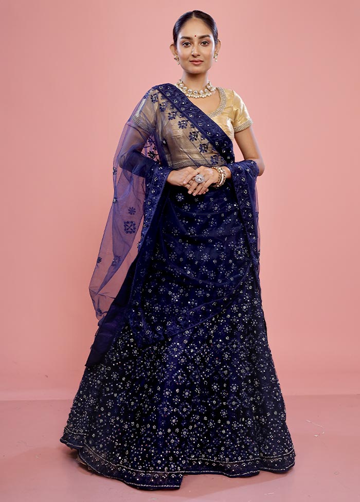 3 Pc Blue Semi Stitched Silk Lehenga Set - Indian Silk House Agencies