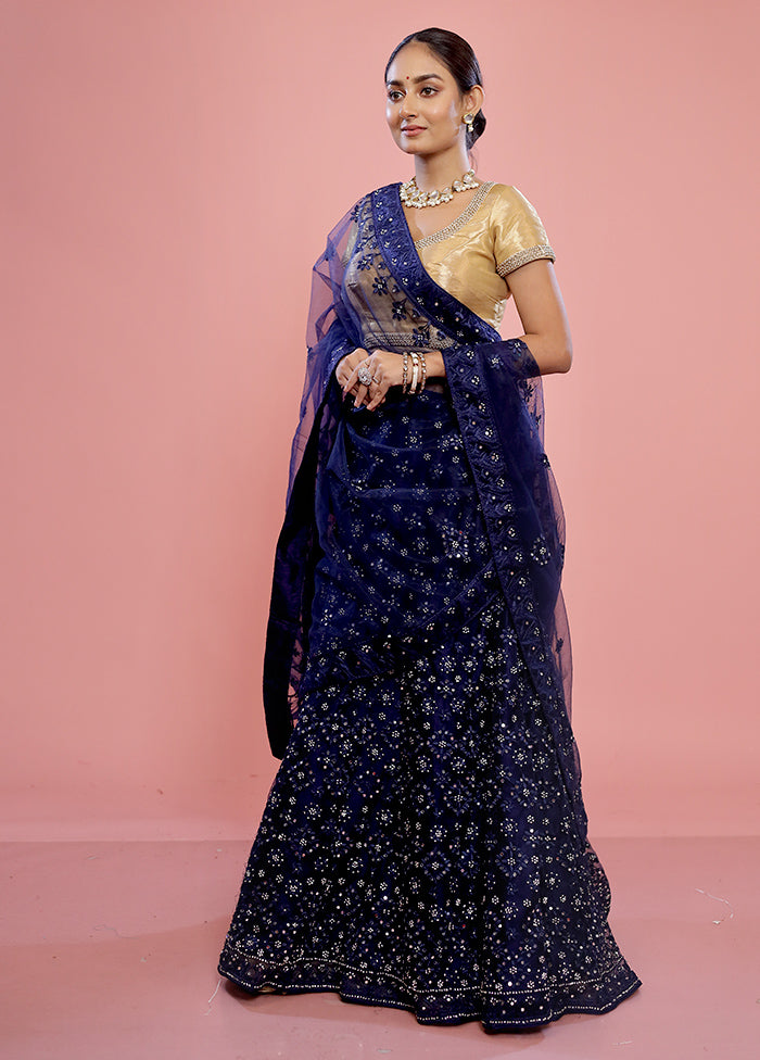 3 Pc Blue Semi Stitched Silk Lehenga Set - Indian Silk House Agencies