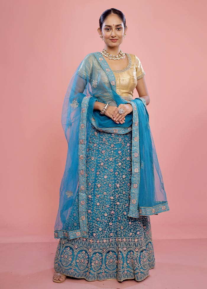 3 Pc Blue Semi Stitched Silk Lehenga Set - Indian Silk House Agencies