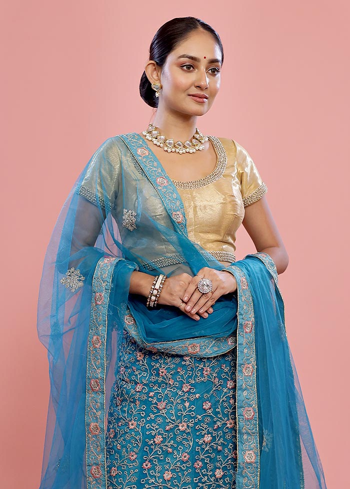 3 Pc Blue Semi Stitched Silk Lehenga Set - Indian Silk House Agencies