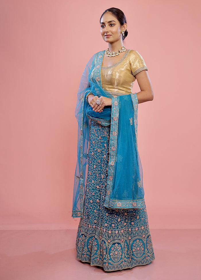 3 Pc Blue Semi Stitched Silk Lehenga Set - Indian Silk House Agencies