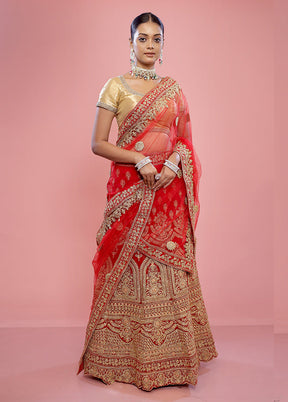 3 Pc Red Semi Stitched Silk Lehenga Set - Indian Silk House Agencies