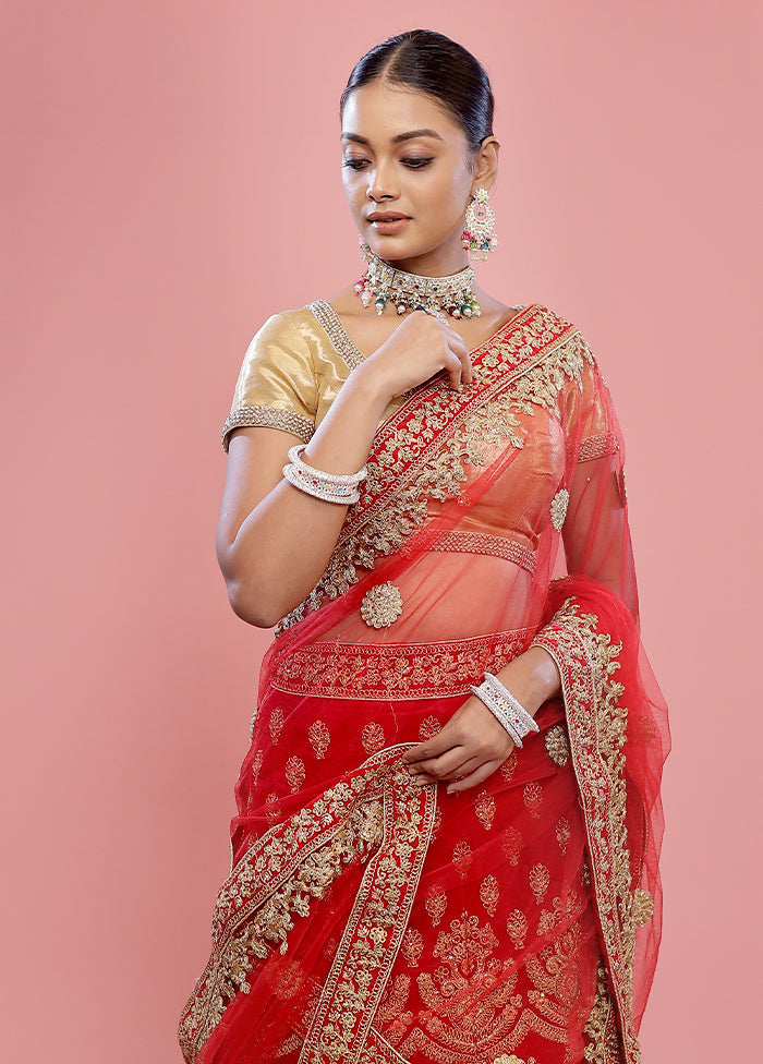 3 Pc Red Semi Stitched Silk Lehenga Set - Indian Silk House Agencies