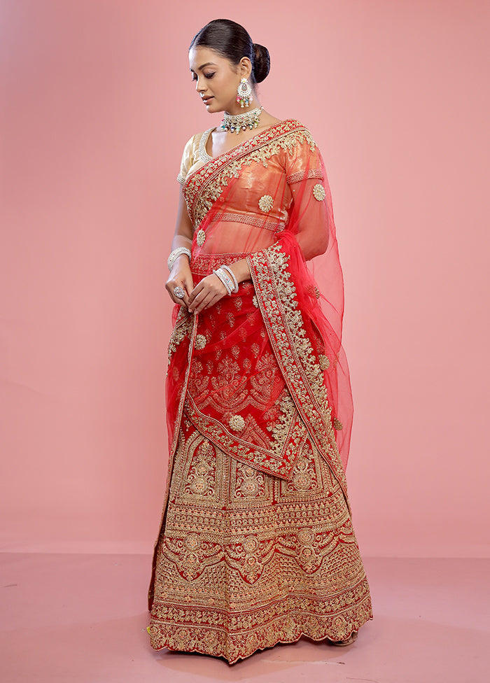 3 Pc Red Semi Stitched Silk Lehenga Set - Indian Silk House Agencies