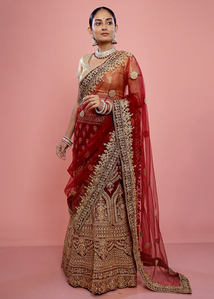 3 Pc Maroon Semi Stitched Velvet Lehenga Set - Indian Silk House Agencies