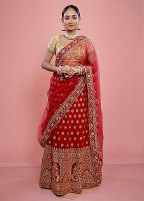 3 Pc Red Semi Stitched Velvet Lehenga Set - Indian Silk House Agencies