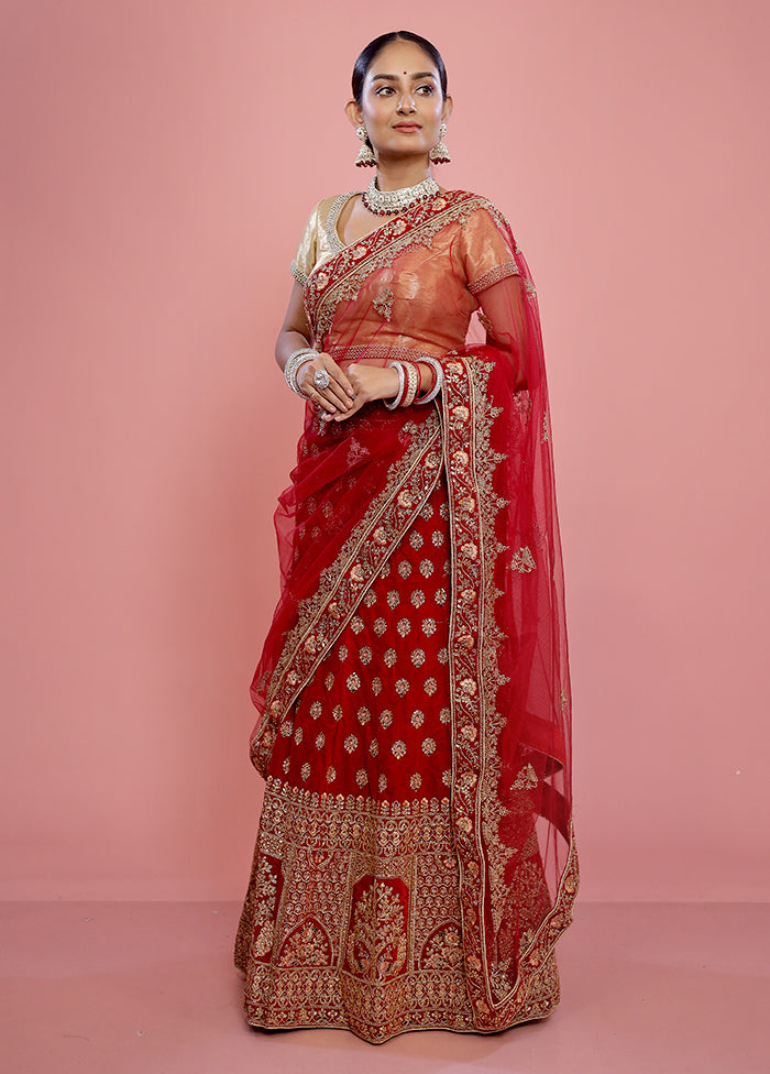 3 Pc Red Semi Stitched Velvet Lehenga Set - Indian Silk House Agencies