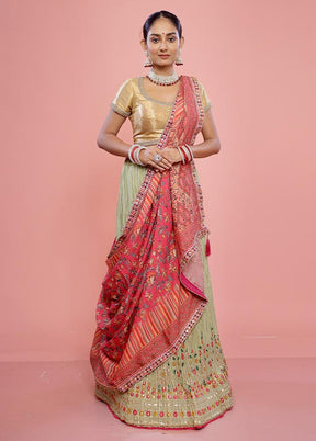 3 Pc Green Semi Stitched Silk Lehenga Set - Indian Silk House Agencies