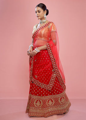 3 Pc Red Semi Stitched Silk Lehenga Set - Indian Silk House Agencies