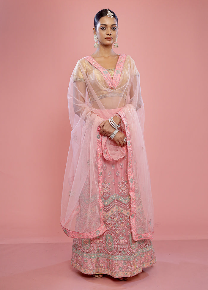 3 Pc Pink Semi Stitched Silk Lehenga Set - Indian Silk House Agencies