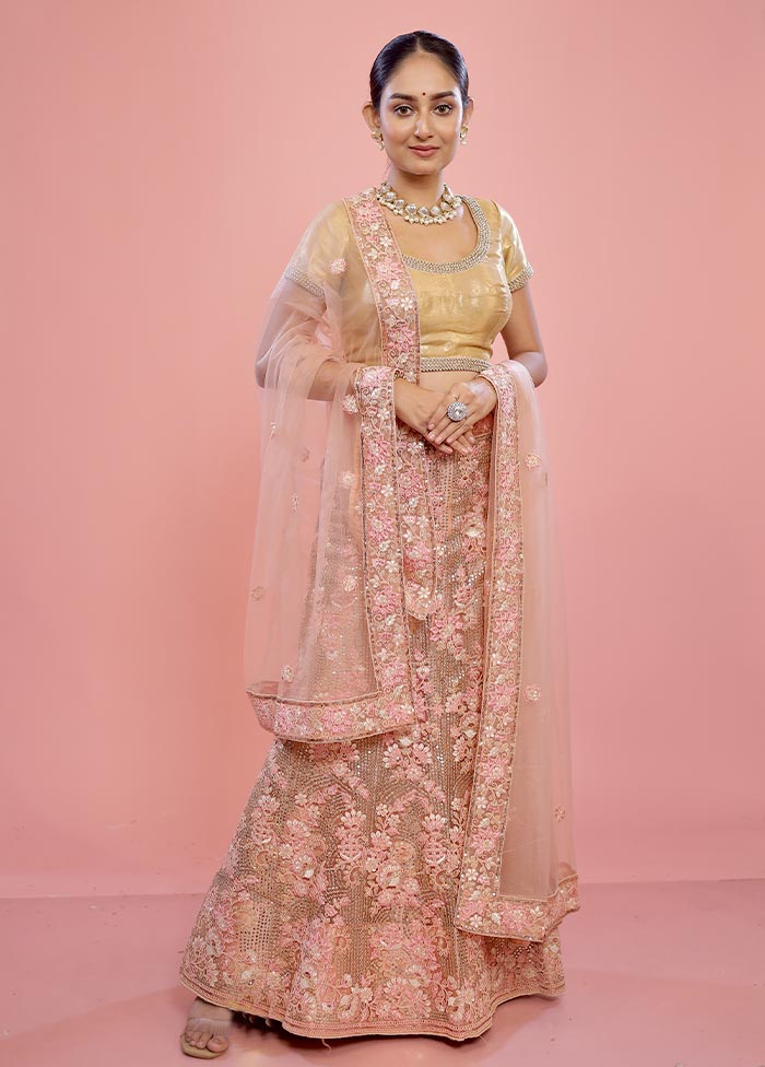 3 Pc Pink Semi Stitched Silk Lehenga Set - Indian Silk House Agencies