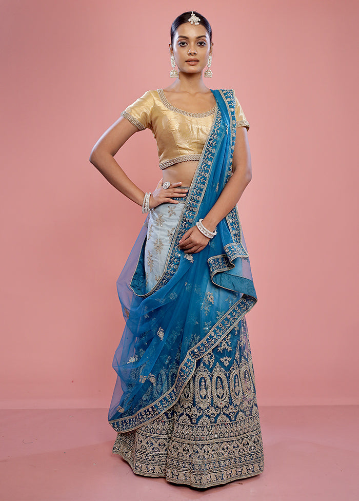 3 Pc Blue Semi Stitched Silk Lehenga Set - Indian Silk House Agencies