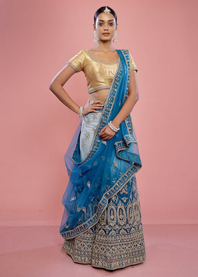 3 Pc Blue Semi Stitched Silk Lehenga Set - Indian Silk House Agencies