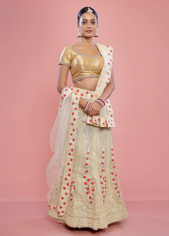 3 Pc Cream Semi Stitched Silk Lehenga Set - Indian Silk House Agencies