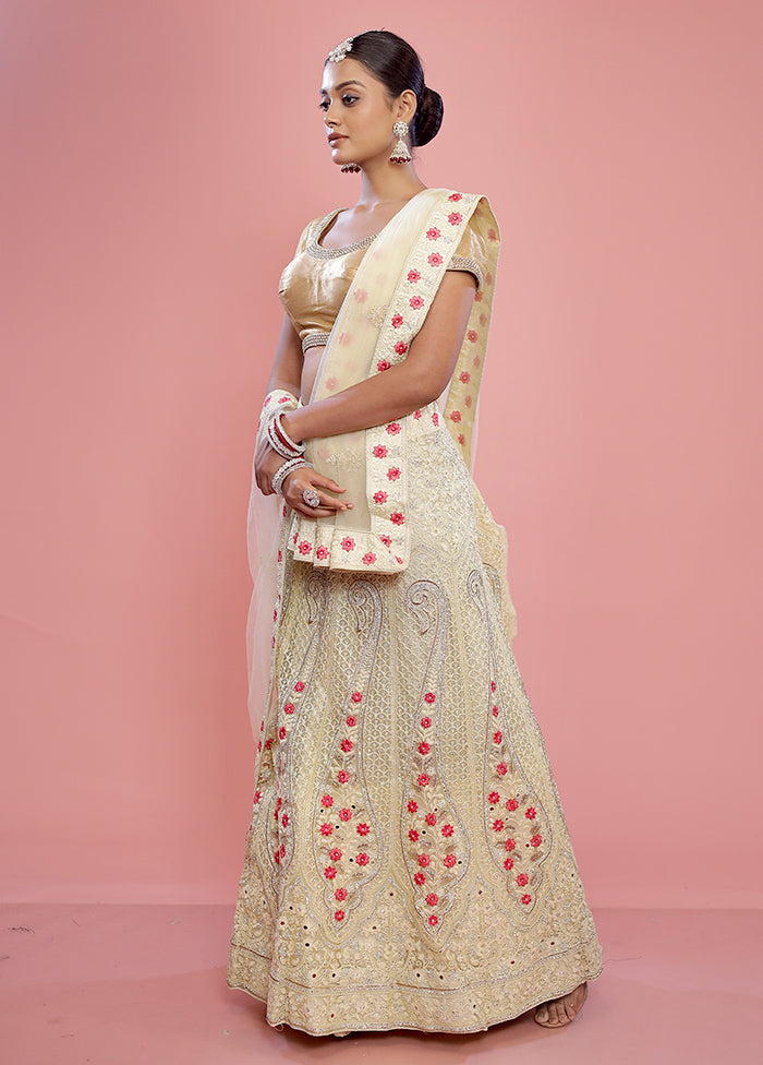 3 Pc Cream Semi Stitched Silk Lehenga Set - Indian Silk House Agencies