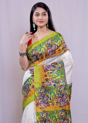 White Printed Pure Silk Saree With Blouse Piece - Indian Silk House Agencies