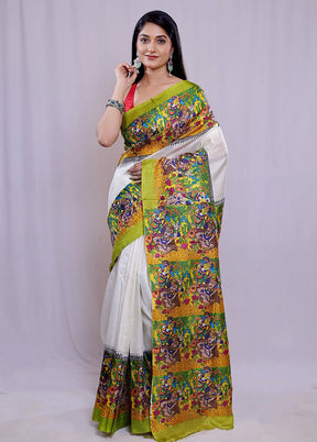 White Printed Pure Silk Saree With Blouse Piece - Indian Silk House Agencies