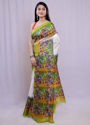 White Printed Pure Silk Saree With Blouse Piece - Indian Silk House Agencies