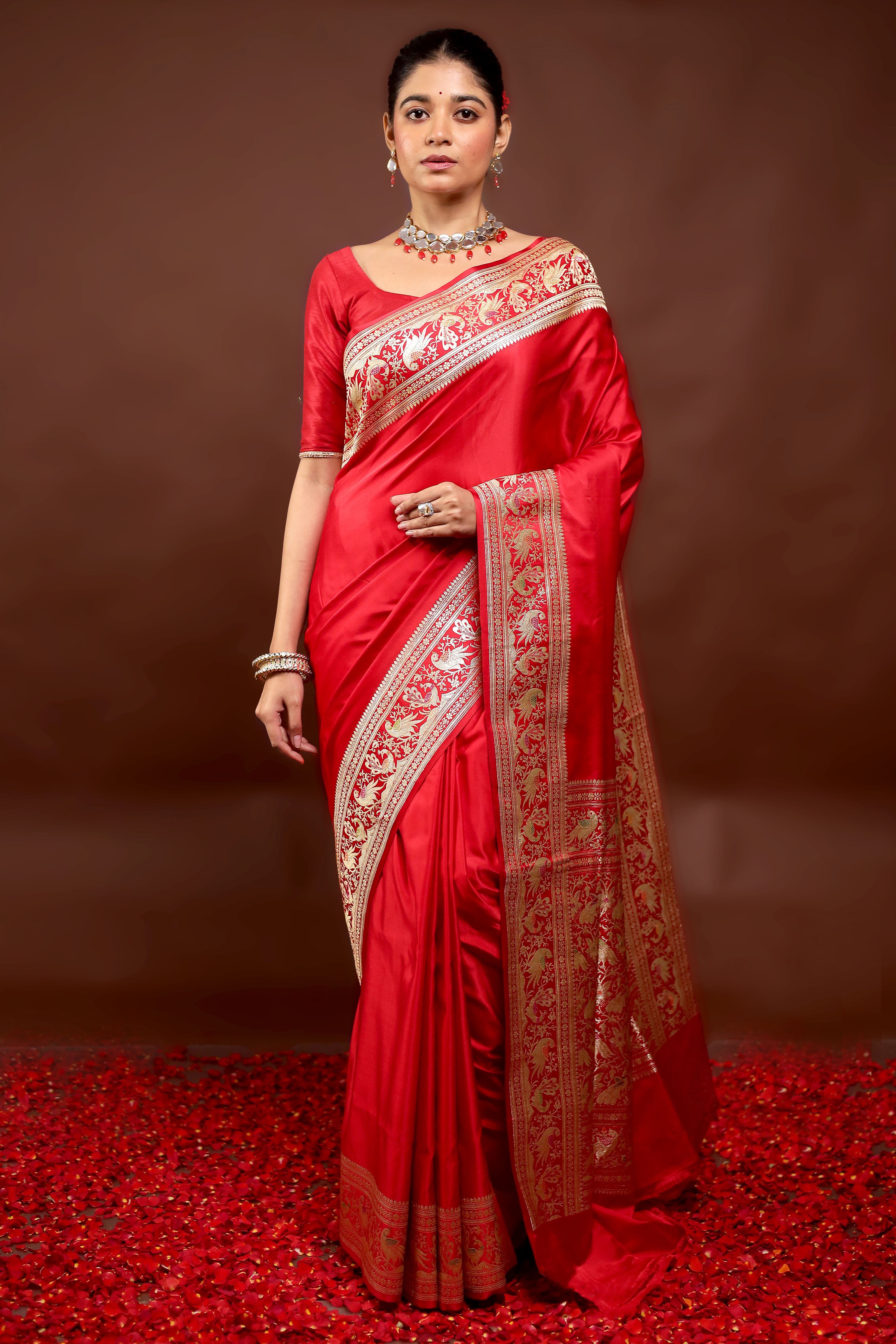 Red Handloom Banarasi Pure Silk Saree With Blouse Piece