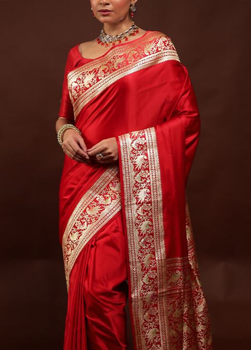 Red Handloom Banarasi Pure Silk Saree With Blouse Piece