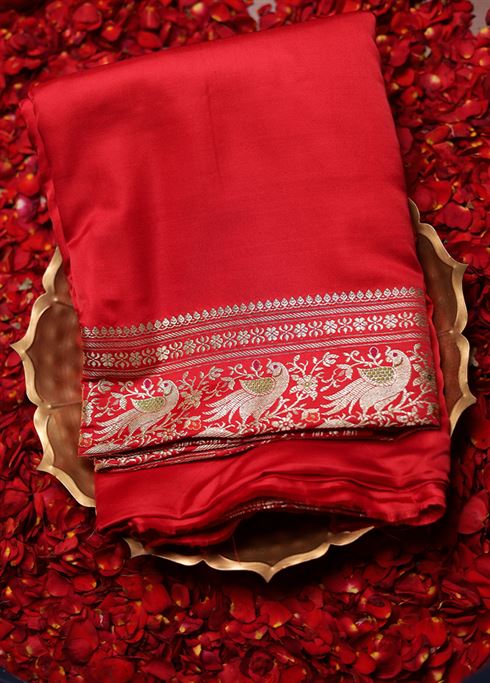 Red Handloom Banarasi Pure Silk Saree With Blouse Piece