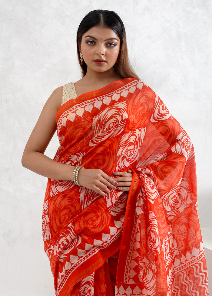 Orange Chanderi Cotton Saree With Blouse Piece - Indian Silk House Agencies