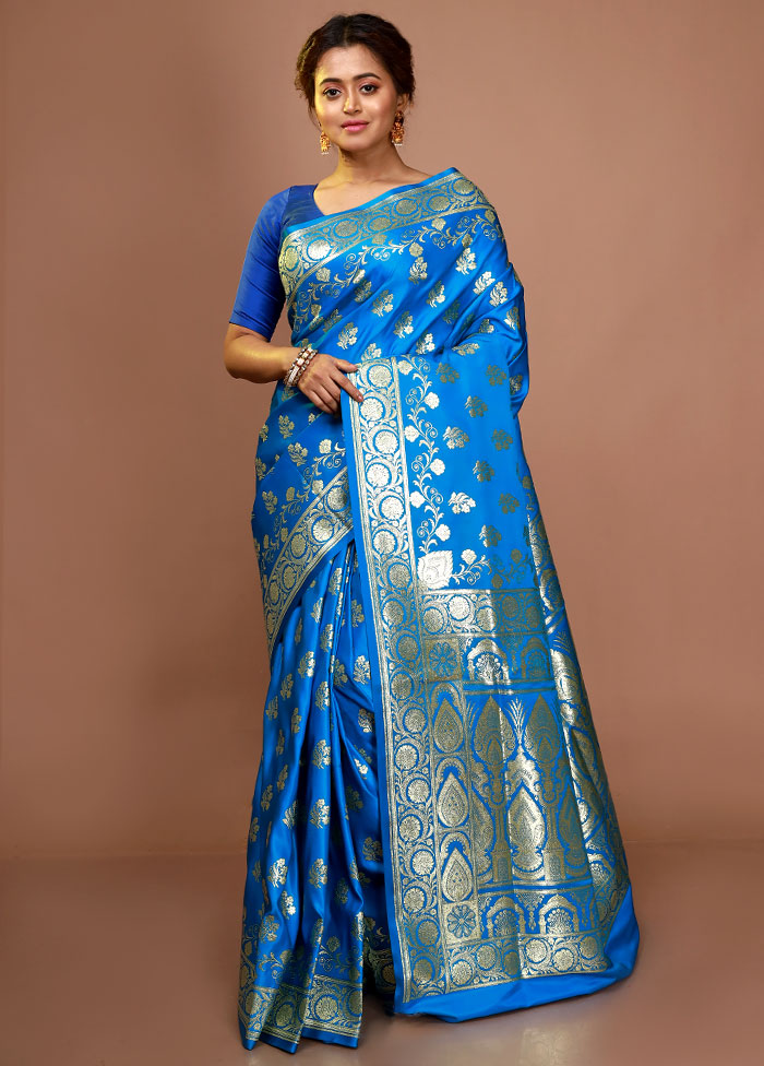 Sky Blue Banarasi Silk Saree With Blouse Piece - Indian Silk House Agencies