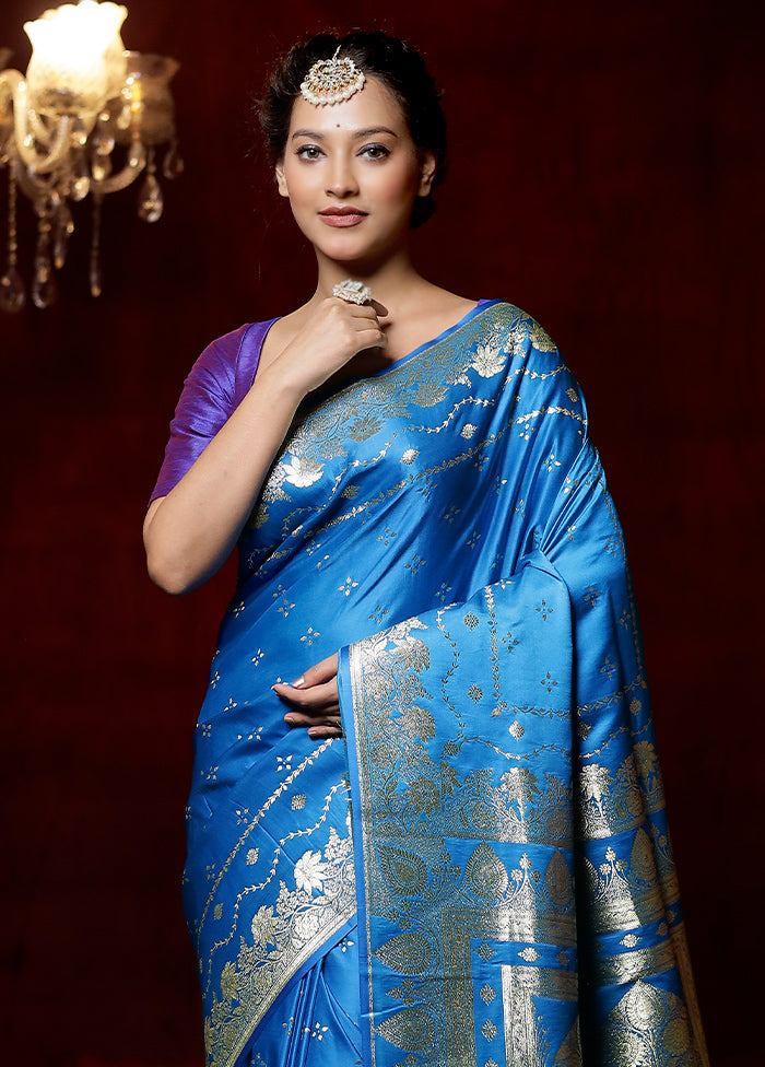 Blue Banarasi Silk Saree With Blouse Piece