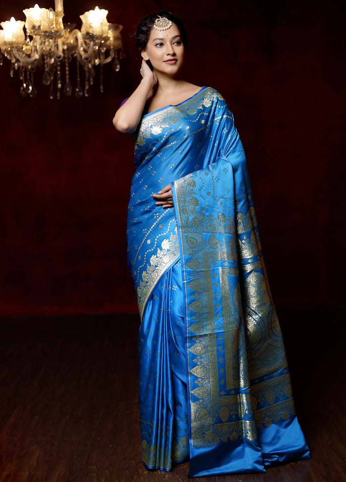 Blue Banarasi Silk Saree With Blouse Piece