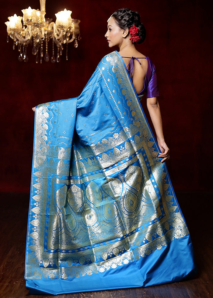 Blue Banarasi Silk Saree With Blouse Piece