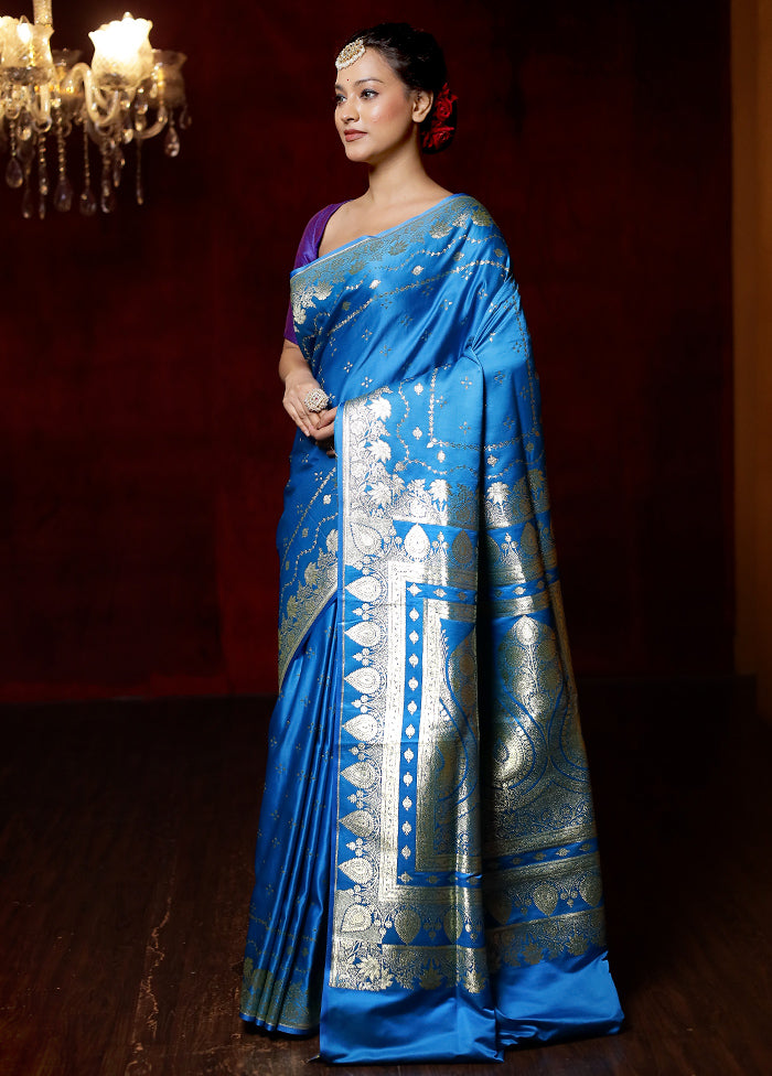 Blue Banarasi Silk Saree With Blouse Piece