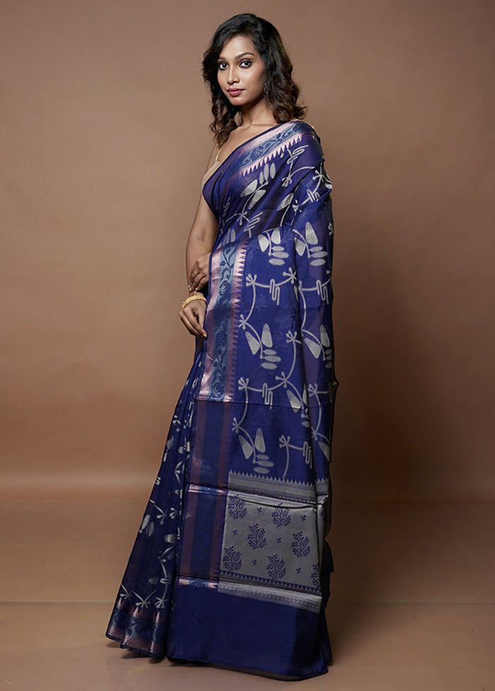 Blue Kora Silk Saree With Blouse Piece